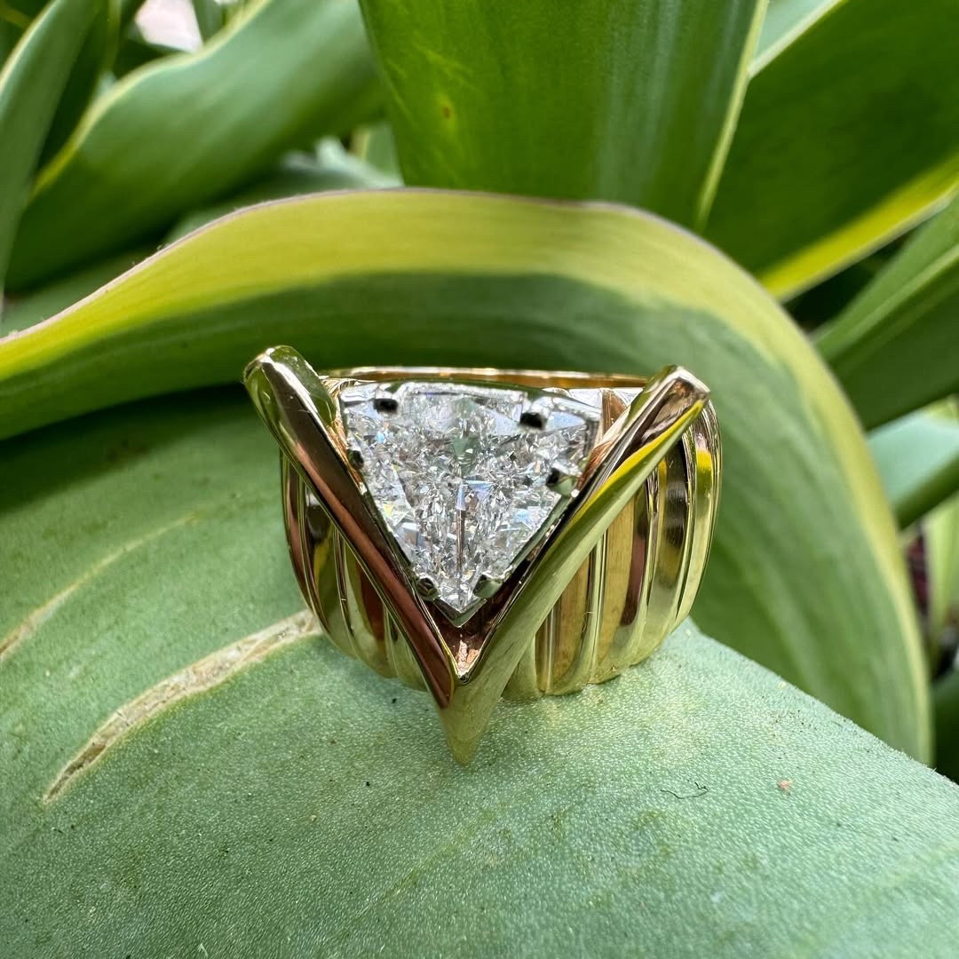 Vintage 1.70 Carat Trillion Cut V Bezel Set Wide Band Ring