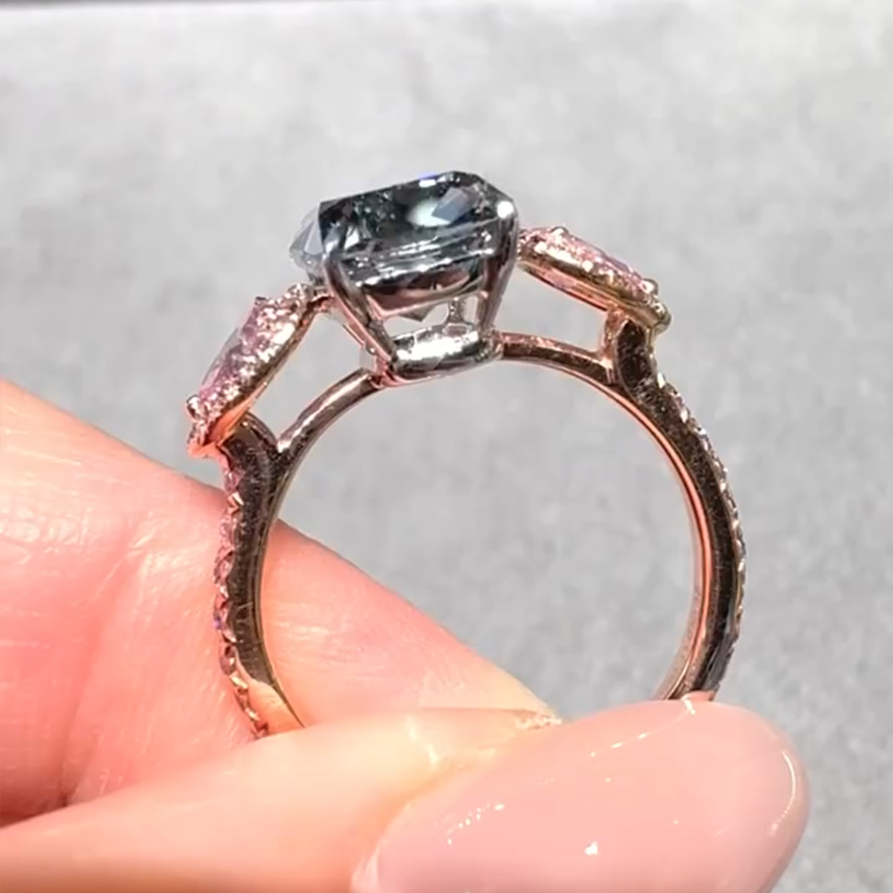 6.0ct Rose Gold Radiant Cut Blue And Triangle Cut Pink Three Gemstone Sterling Silver Ring