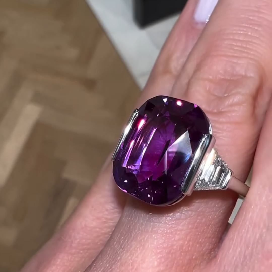 11ct Cushion Cut Purple Gemstone With Two Trapezoid Cut Colorless Side Stones Sterling Silver Ring