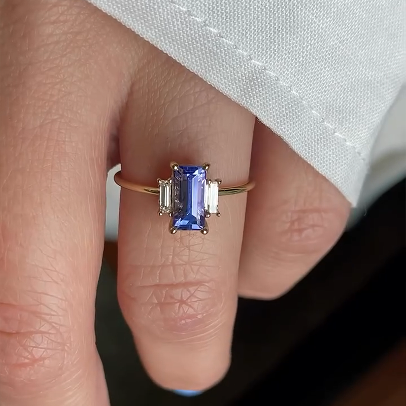 1.5ct Emerald Cut Sterling Silver Gold Plated Blue Sapphire Ring