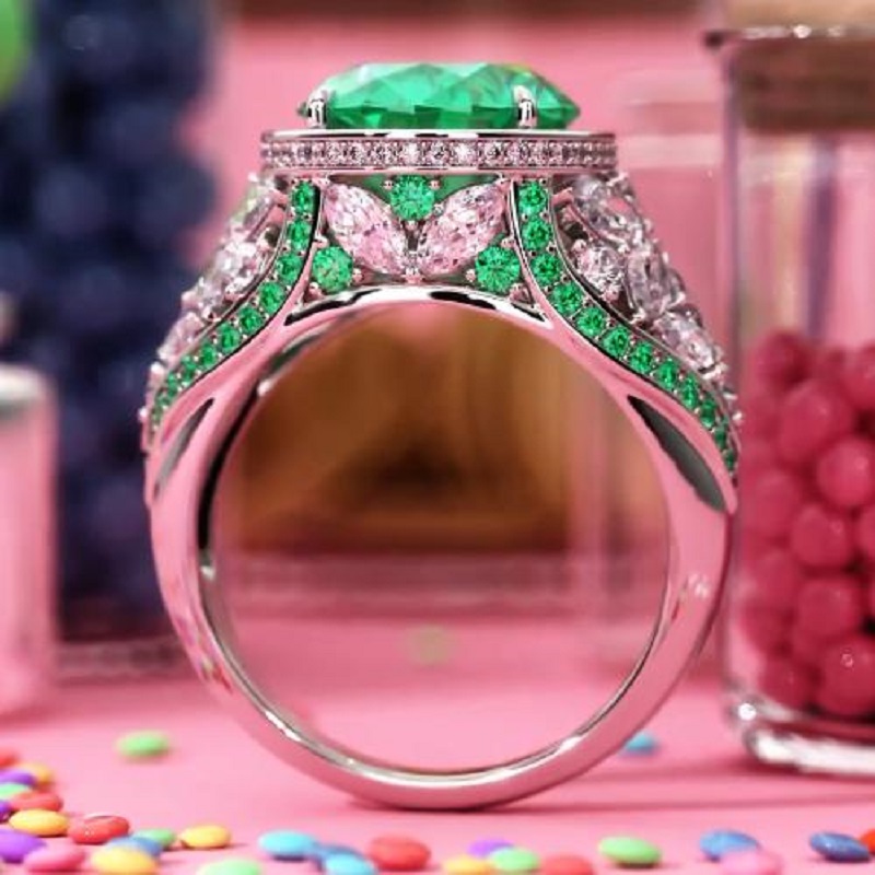 4.0 CT Three-stone Oval Cut Emerald Green Halo Engagement Ring