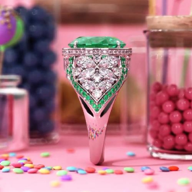 4.0 CT Three-stone Oval Cut Emerald Green Halo Engagement Ring