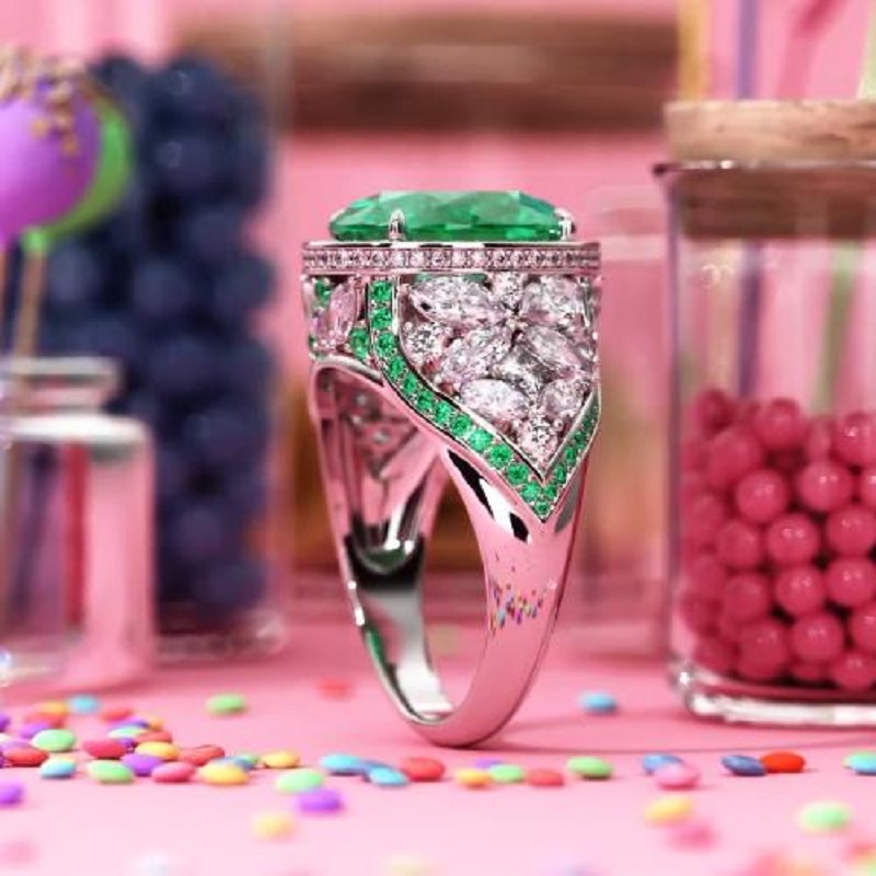 4.0 CT Three-stone Oval Cut Emerald Green Halo Engagement Ring