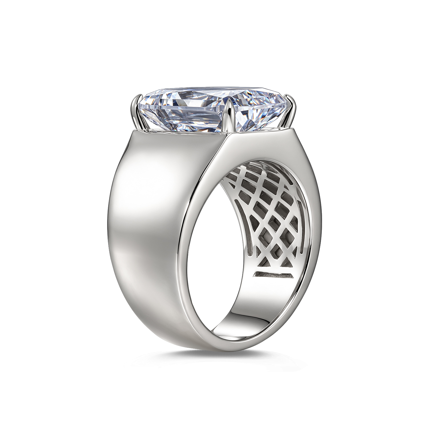 Wide Band Men Statement Ring Emerald Cut White Moissanite