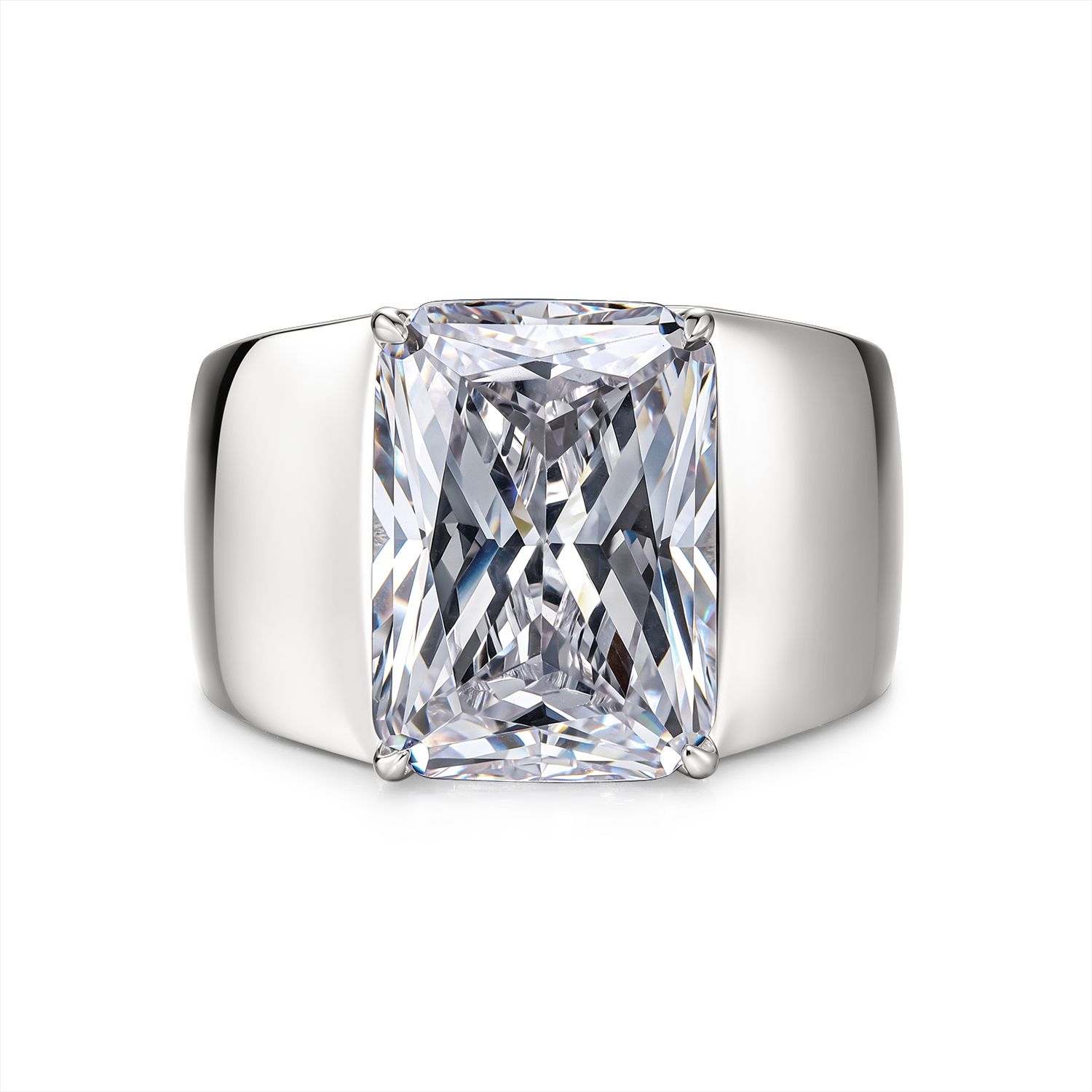Wide Band Men Statement Ring Emerald Cut White Moissanite