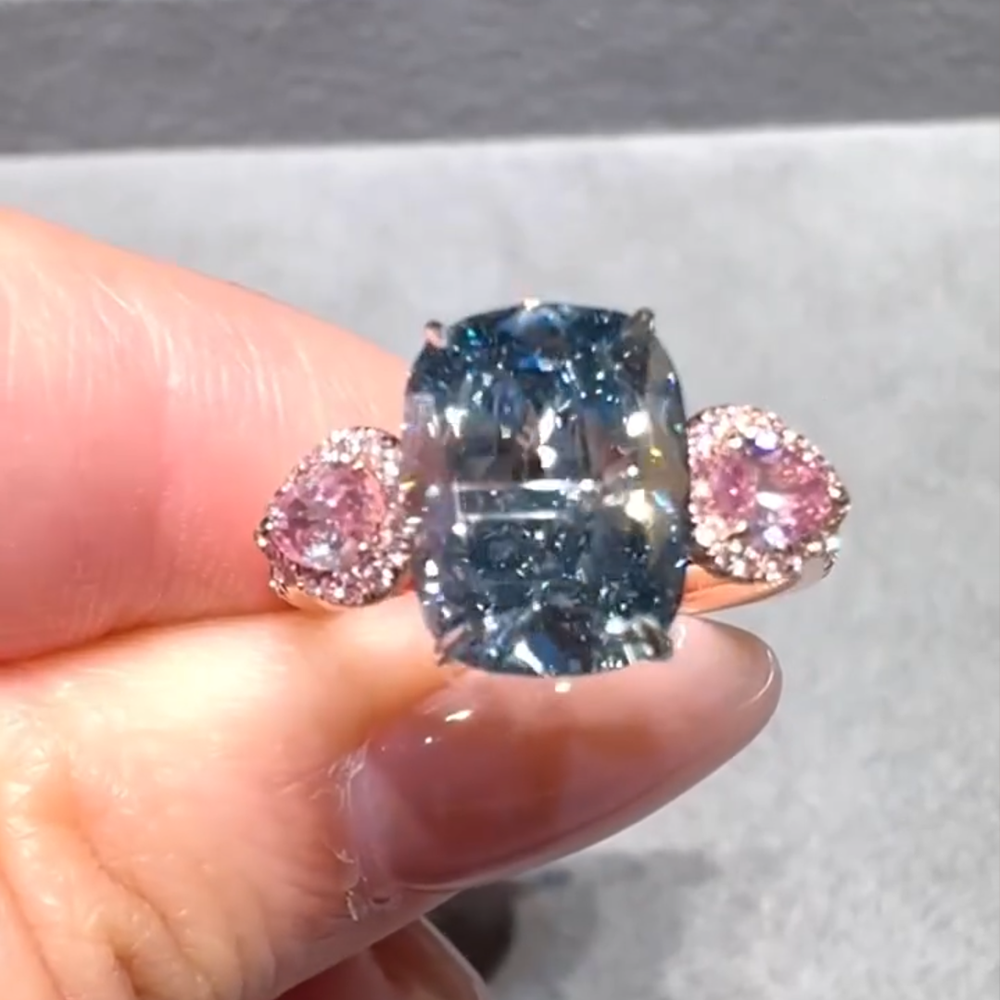 6.0ct Rose Gold Radiant Cut Blue And Triangle Cut Pink Three Gemstone Sterling Silver Ring