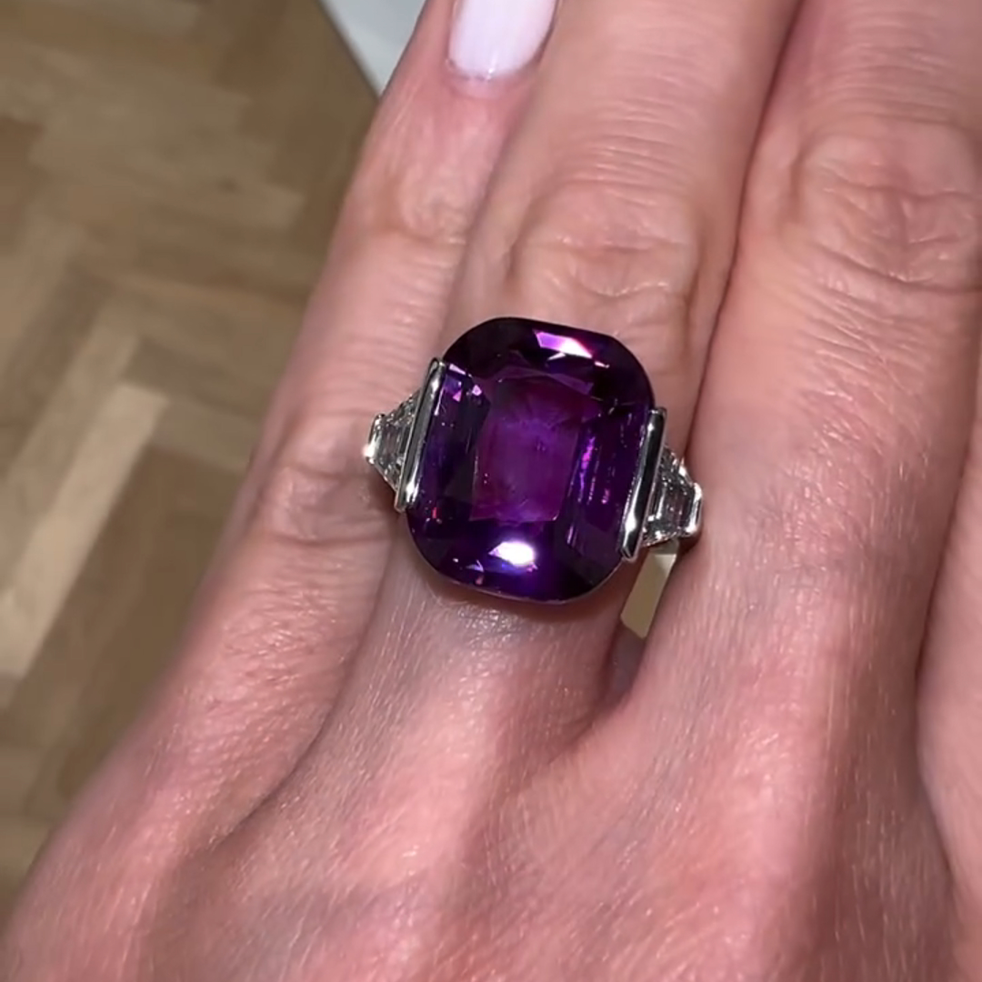 11ct Cushion Cut Purple Gemstone With Two Trapezoid Cut Colorless Side Stones Sterling Silver Ring
