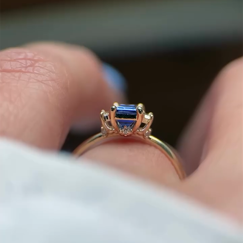 1.5ct Emerald Cut Sterling Silver Gold Plated Blue Sapphire Ring