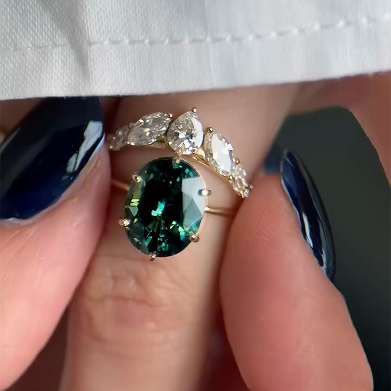 1.5ct Oval Cut Green Gemstone Sterling Silver Plated Engagement Ring