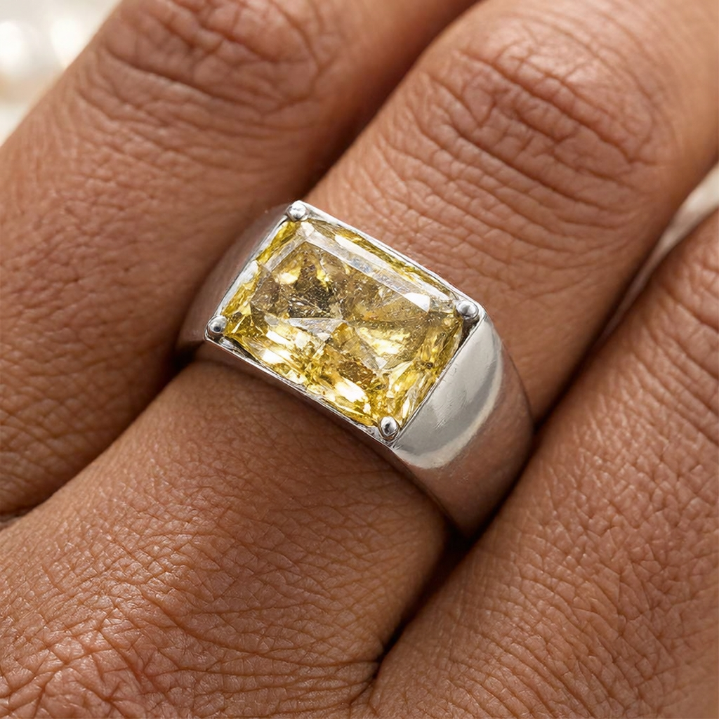 5ct Radiant Cut  Yellow Stone Solitaire Ring for Men