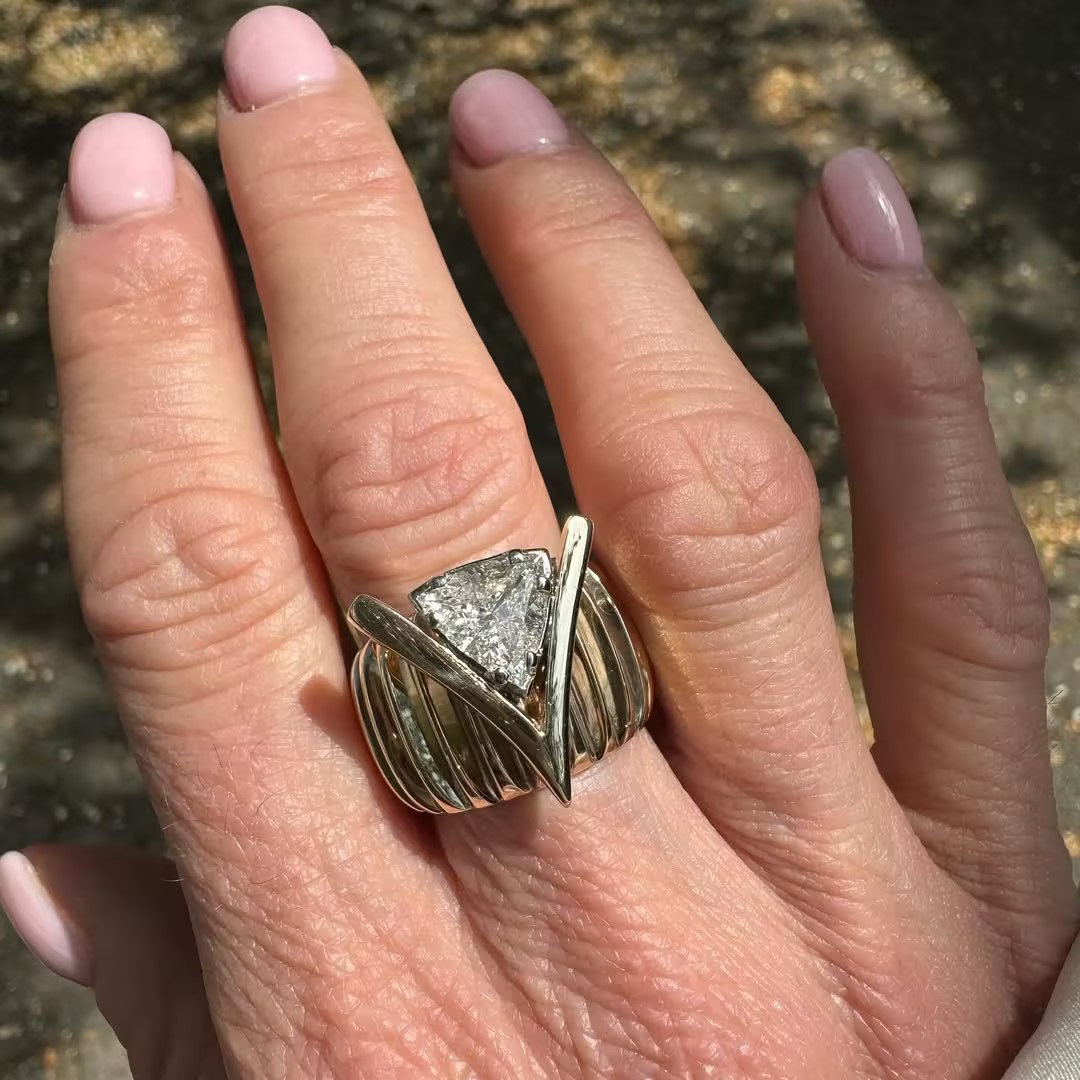 Vintage 1.70 Carat Trillion Cut V Bezel Set Wide Band Ring