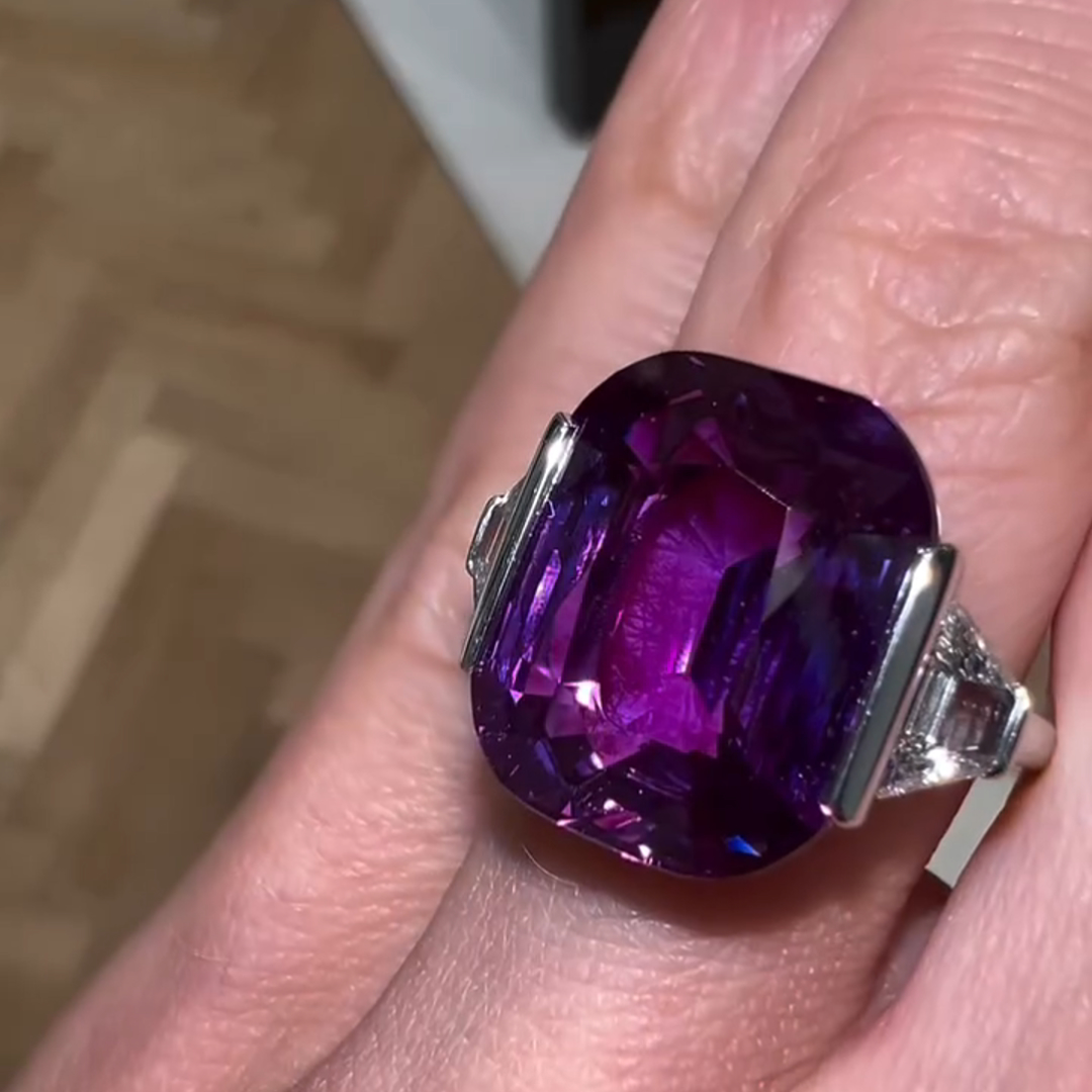 11ct Cushion Cut Purple Gemstone With Two Trapezoid Cut Colorless Side Stones Sterling Silver Ring
