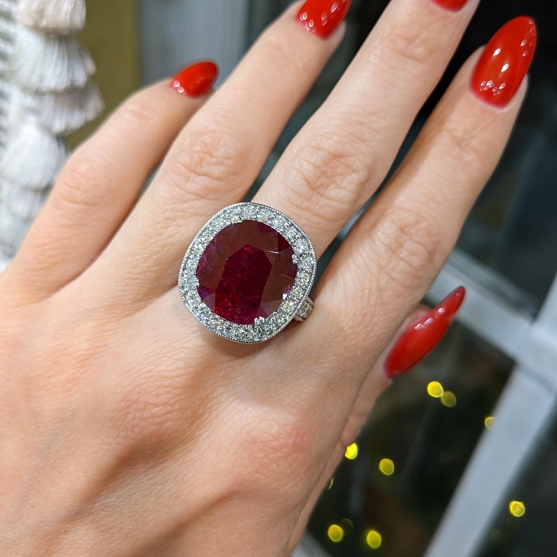 10.09 Carats Cushion Cut Ruby Diamond Antique Style Ring