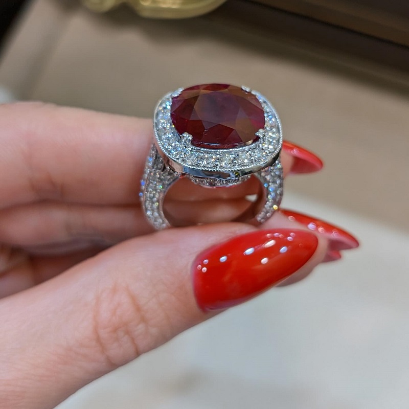 10.09 Carats Cushion Cut Ruby Diamond Antique Style Ring