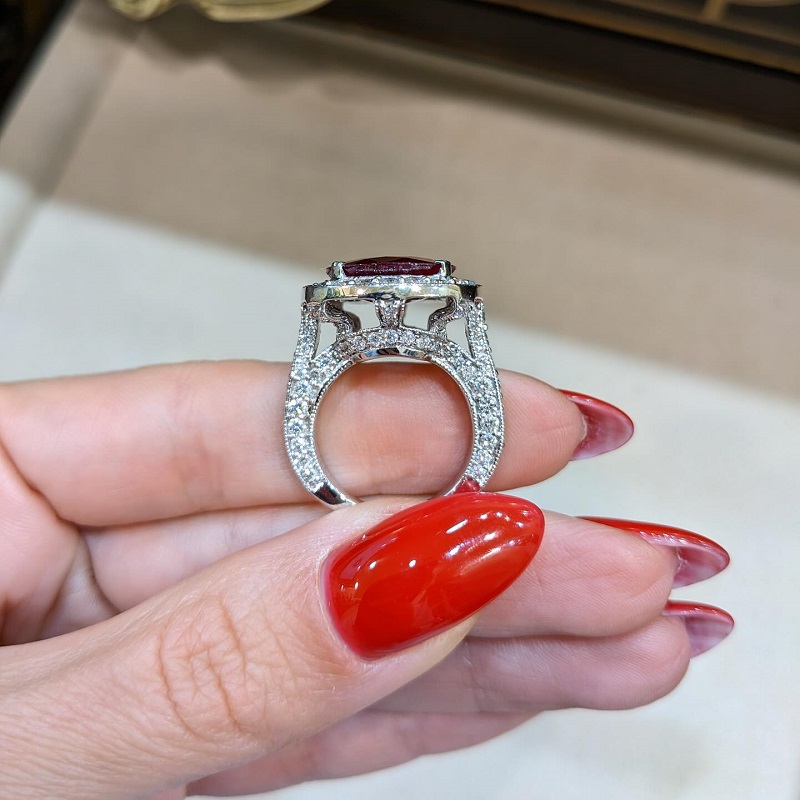 10.09 Carats Cushion Cut Ruby Diamond Antique Style Ring