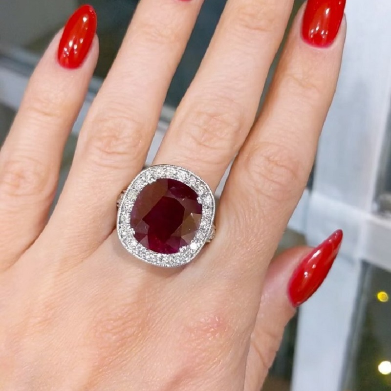 10.09 Carats Cushion Cut Ruby Diamond Antique Style Ring