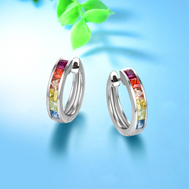 Sterling Silver Delicate Multi Color Princess Cut Hoop Earrings