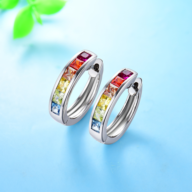 Sterling Silver Delicate Multi Color Princess Cut Hoop Earrings