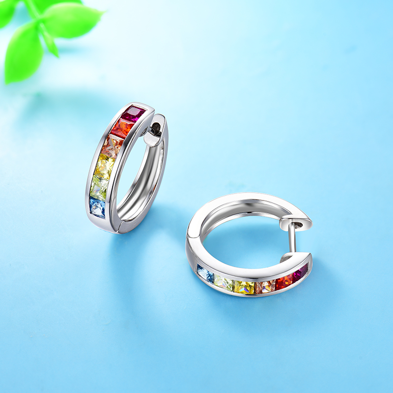 Sterling Silver Delicate Multi Color Princess Cut Hoop Earrings