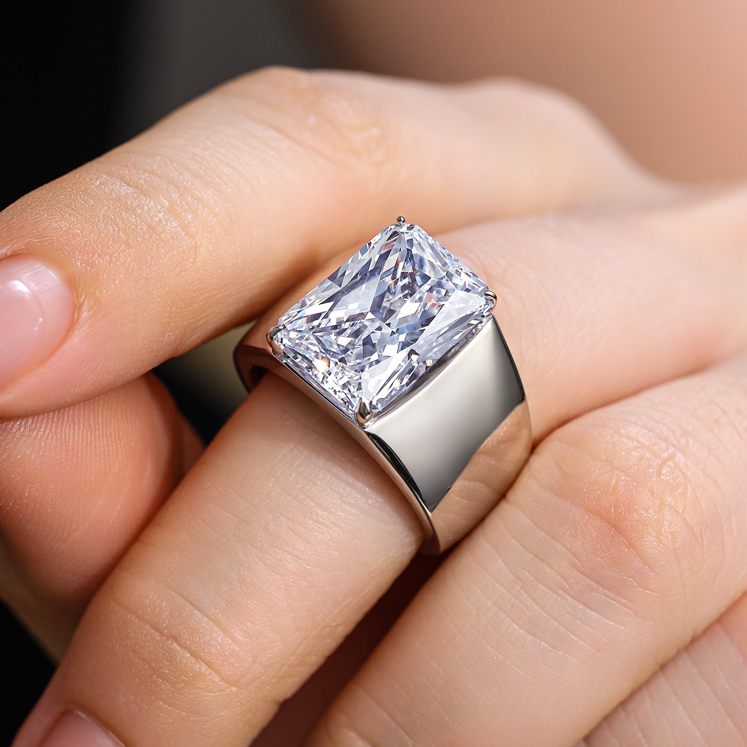 Wide Band Men Statement Ring Emerald Cut White Moissanite