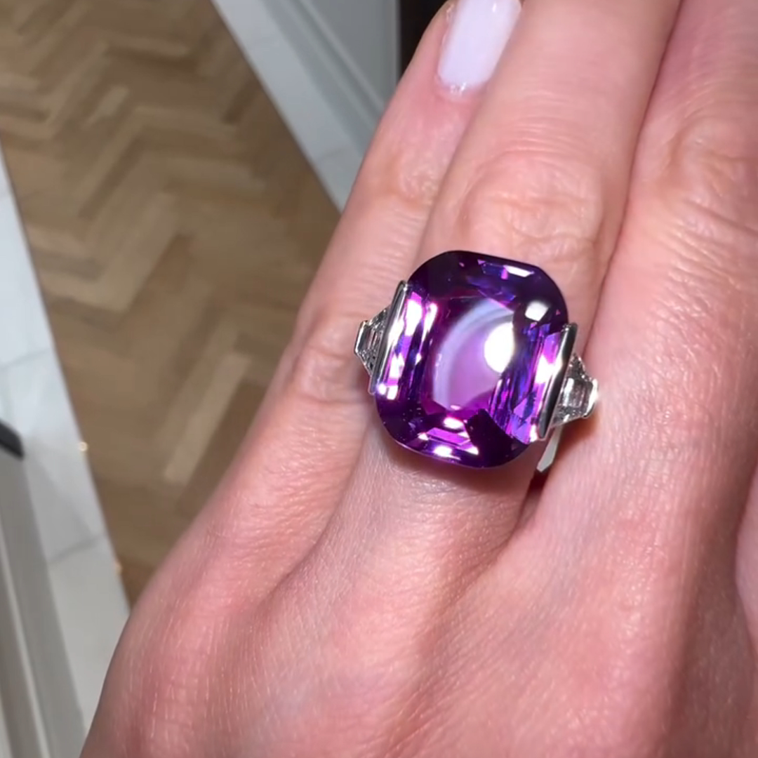 11ct Cushion Cut Purple Gemstone With Two Trapezoid Cut Colorless Side Stones Sterling Silver Ring