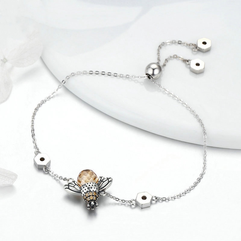 Sterling Silver Unique Bee Inspired Round Cut Bolo Bracelet