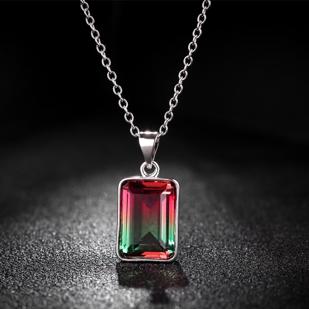 Sterling Silver Simple Design Emerald Cut Watermelon Necklace