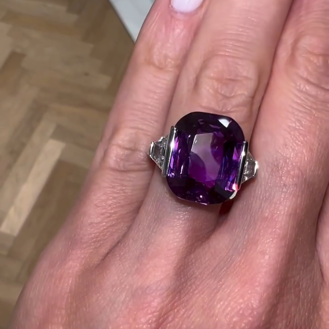 11ct Cushion Cut Purple Gemstone With Two Trapezoid Cut Colorless Side Stones Sterling Silver Ring