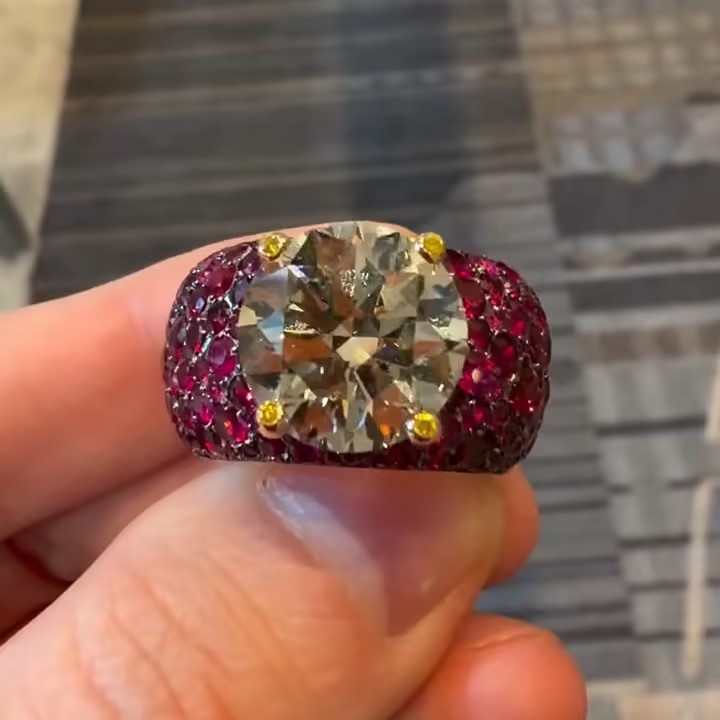 8ct Round Cut Yellow Zircon Cocktail Ring in Invisible Set Rubies