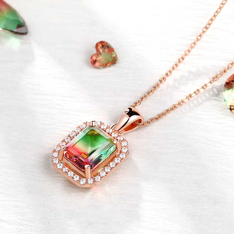 Sterling Silver Elegant Halo Design Emerald With Round Cut Watermelon Necklace