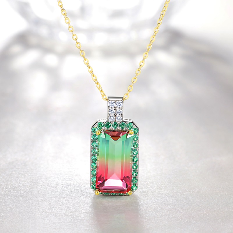 Sterling Silver Delicate Two Tone Halo Emerald With Round Cut Watermelon Necklace