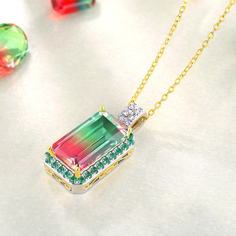 Sterling Silver Delicate Two Tone Halo Emerald With Round Cut Watermelon Necklace