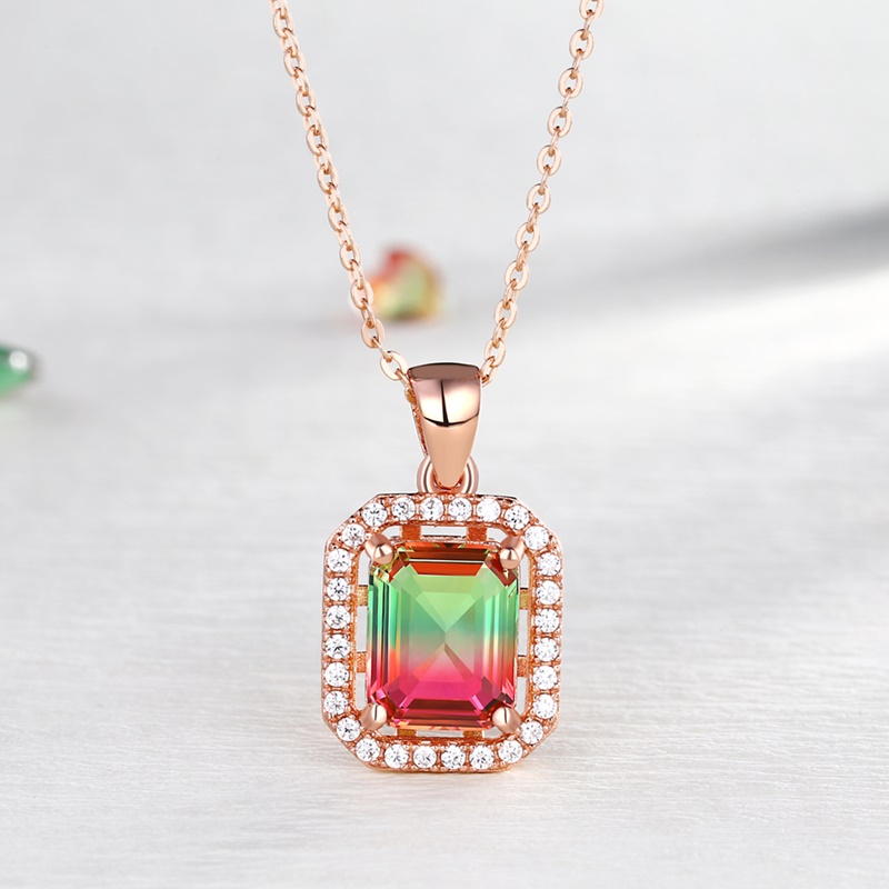 Sterling Silver Elegant Halo Design Emerald With Round Cut Watermelon Necklace