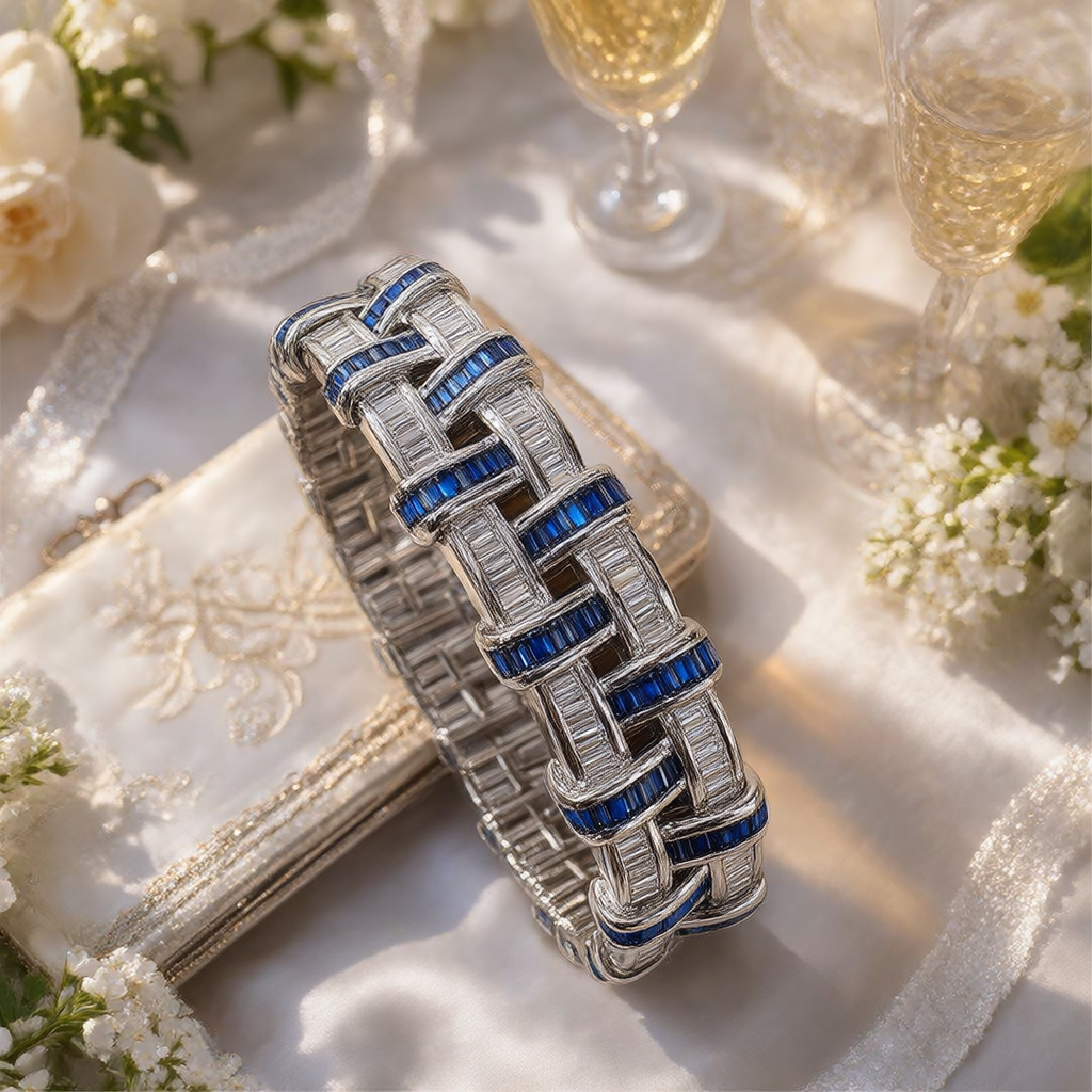 Sapphire Blue & White Stone Basket Weave Bracelet