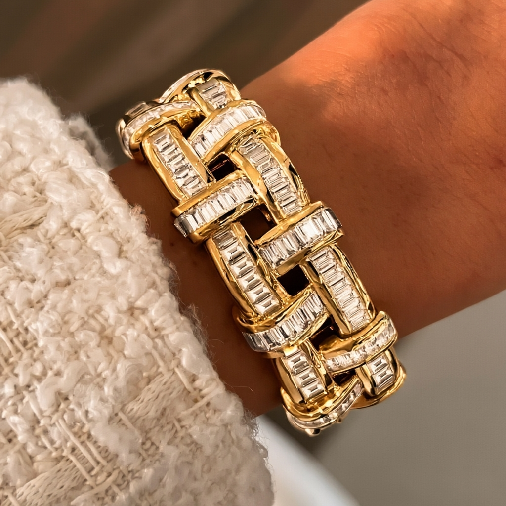 Basket Weave Design White Stone Bracelet
