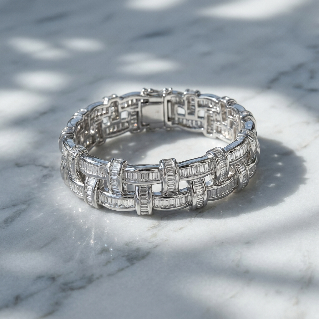White Stone Basket Weave Design Bracelet in Silver