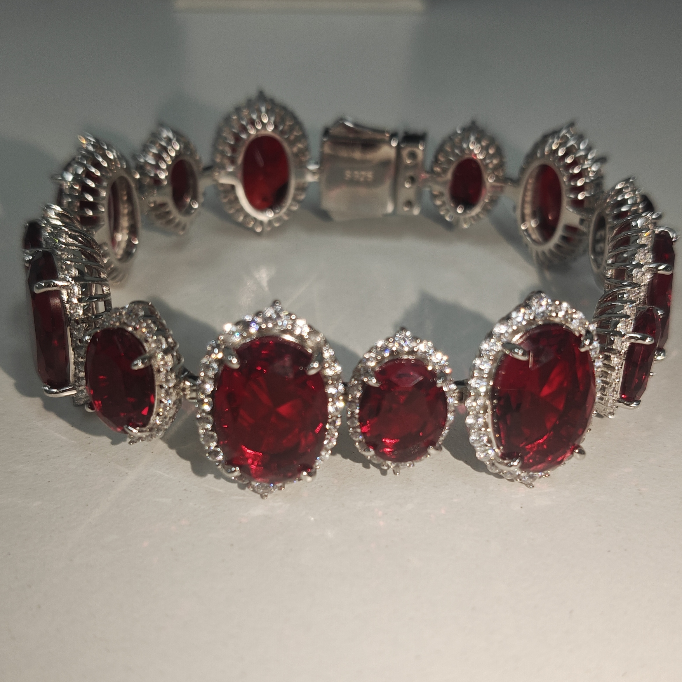Oval Cut Ruby With White Sapphires Halo Handmade Bracelet