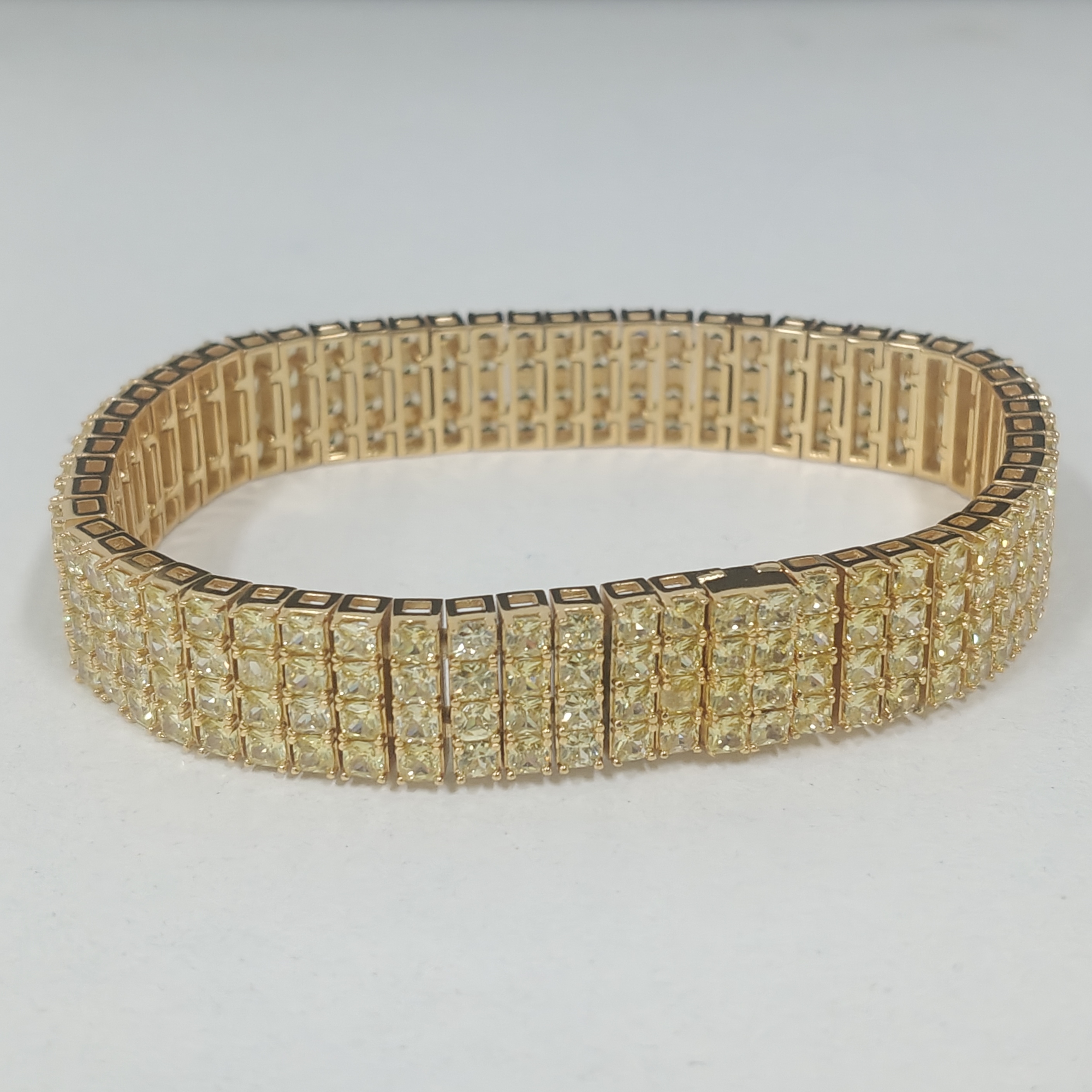 33ctw Princess Cut Yellow Sapphire Handmade 3 Rows Yellow Gold Bracelet