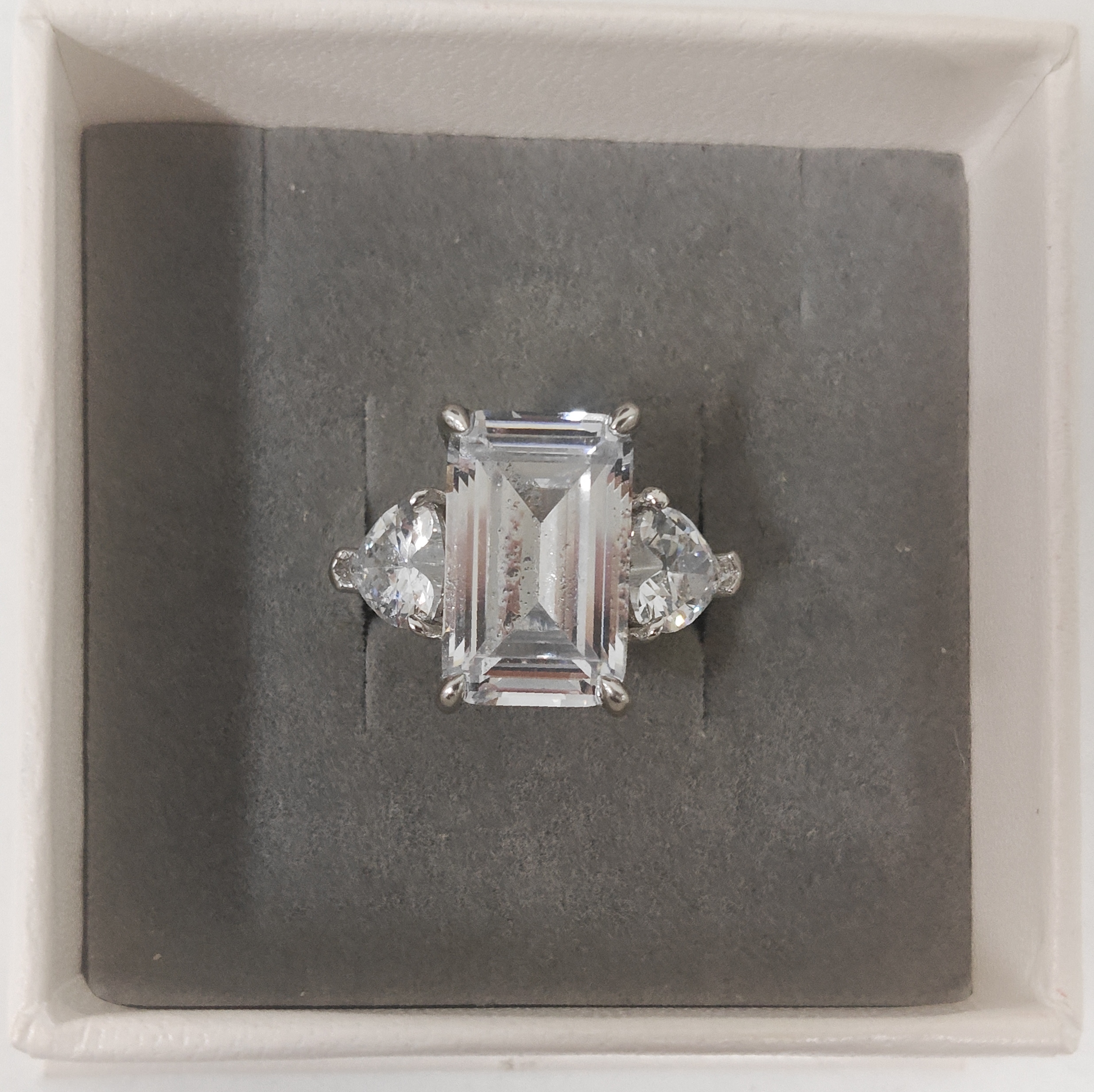 Three-stone Design 7ct Emerald Cut White Stone Ring