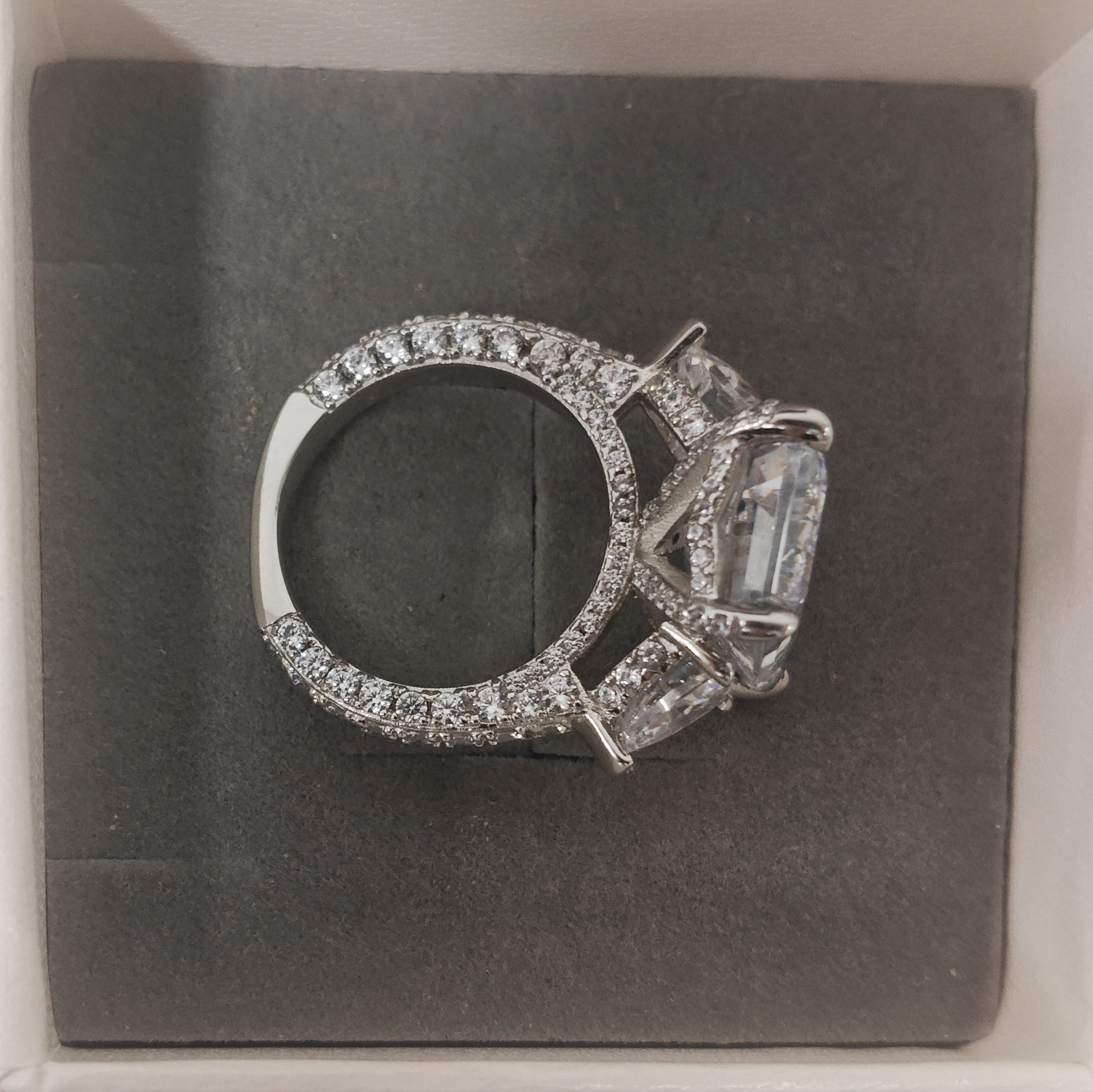Three-stone Design 7ct Emerald Cut White Stone Ring