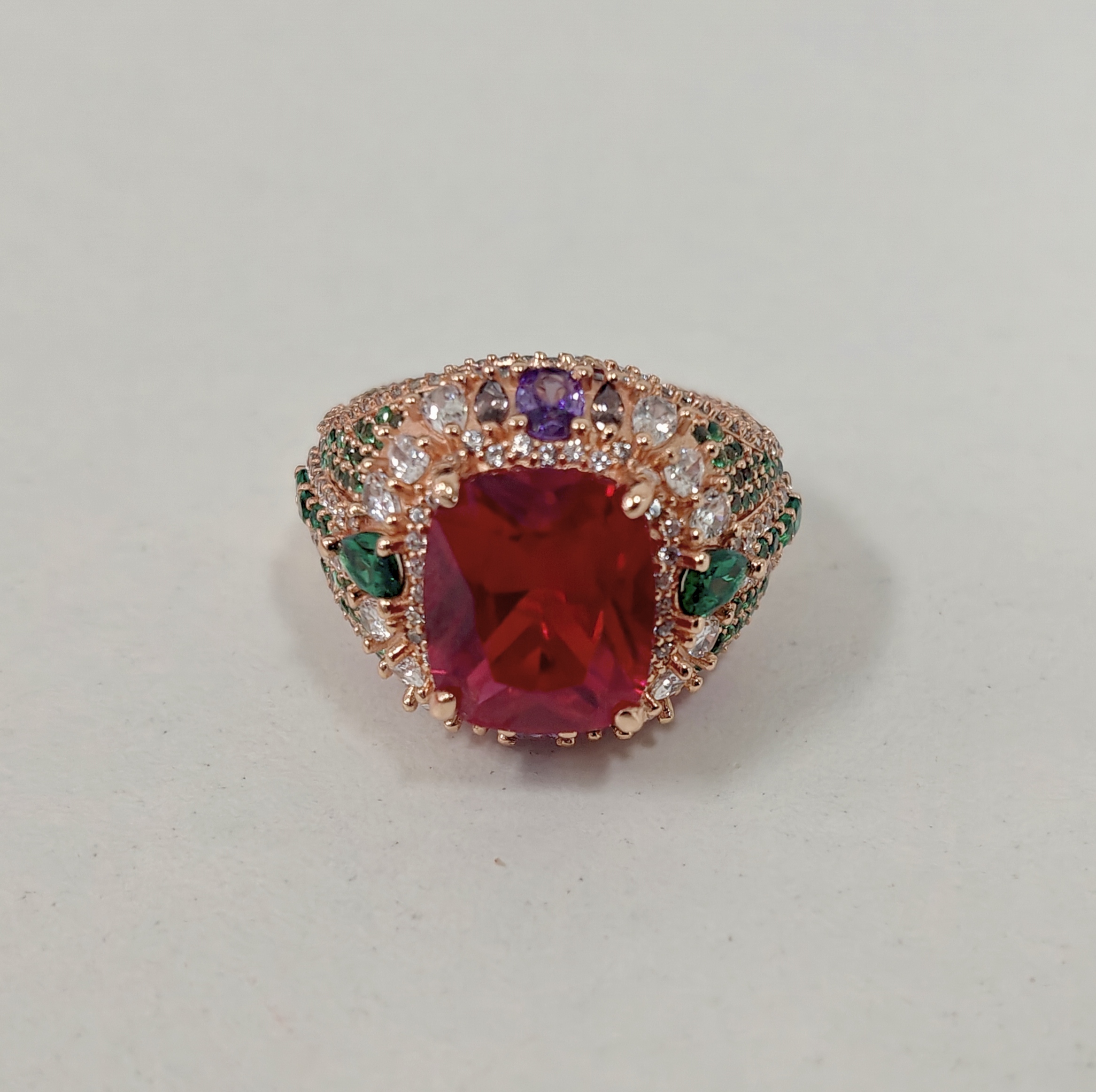 7ct Cushion Cut Ruby Surrounded By White Sapphires & Emeralds Sterling Silver Handmade Cocktail Ring