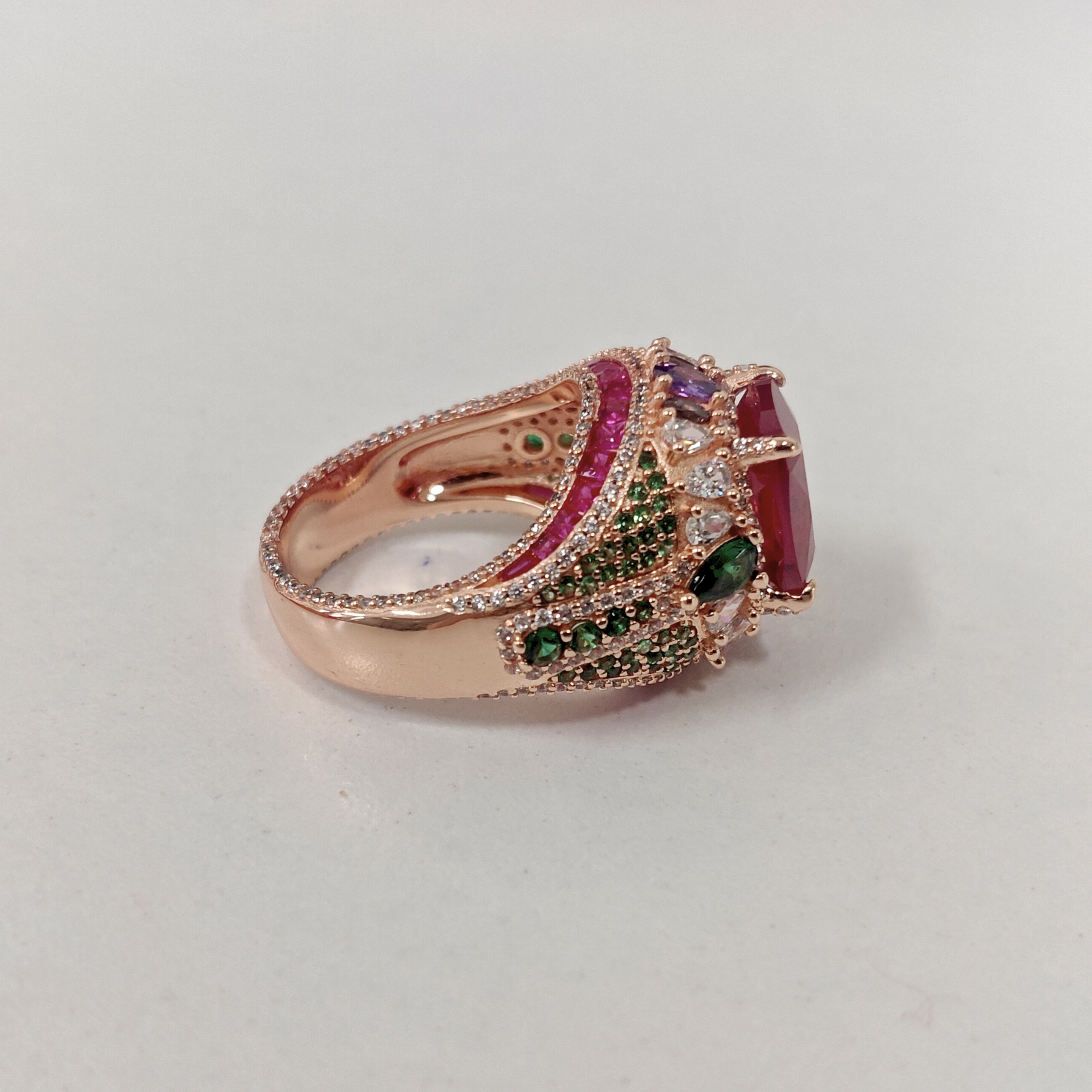 7ct Cushion Cut Ruby Surrounded By White Sapphires & Emeralds Sterling Silver Handmade Cocktail Ring