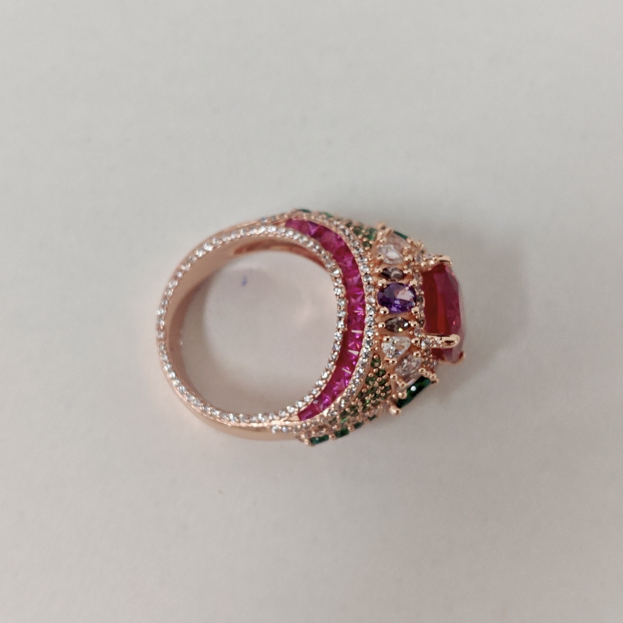 7ct Cushion Cut Ruby Surrounded By White Sapphires & Emeralds Sterling Silver Handmade Cocktail Ring