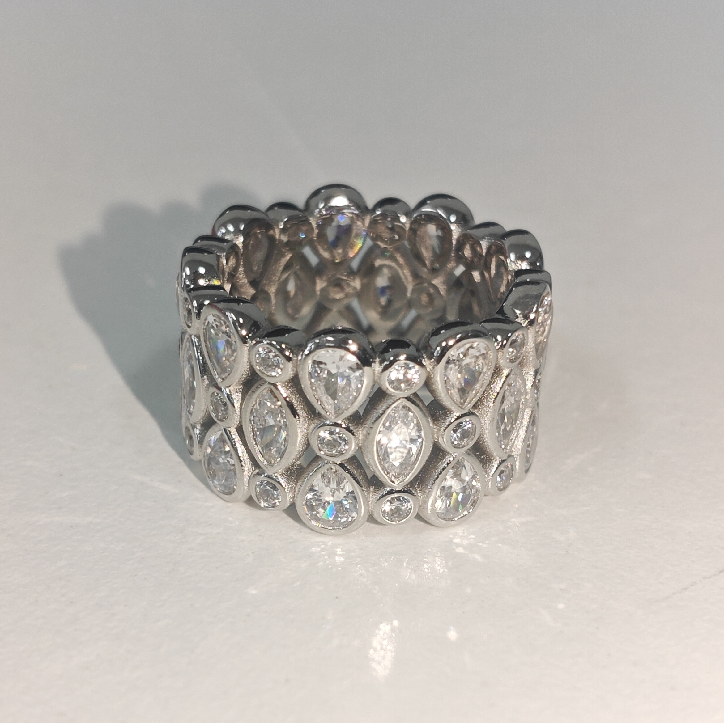 Flower Design Multi-Cut White Stone Cocktail Ring Band