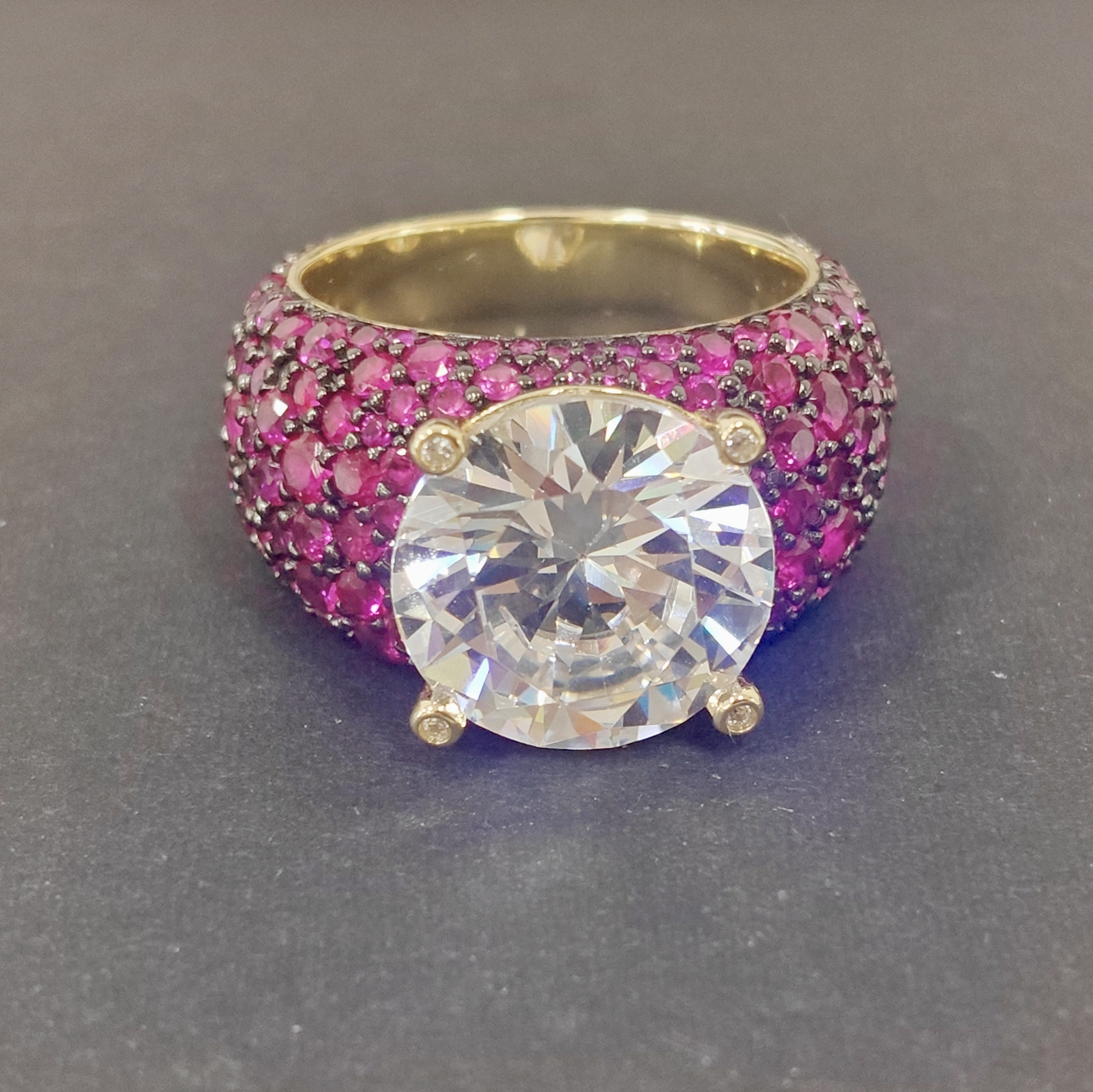 8ct Round Cut White Stone Cocktail Ring with Invisible Set Rubies