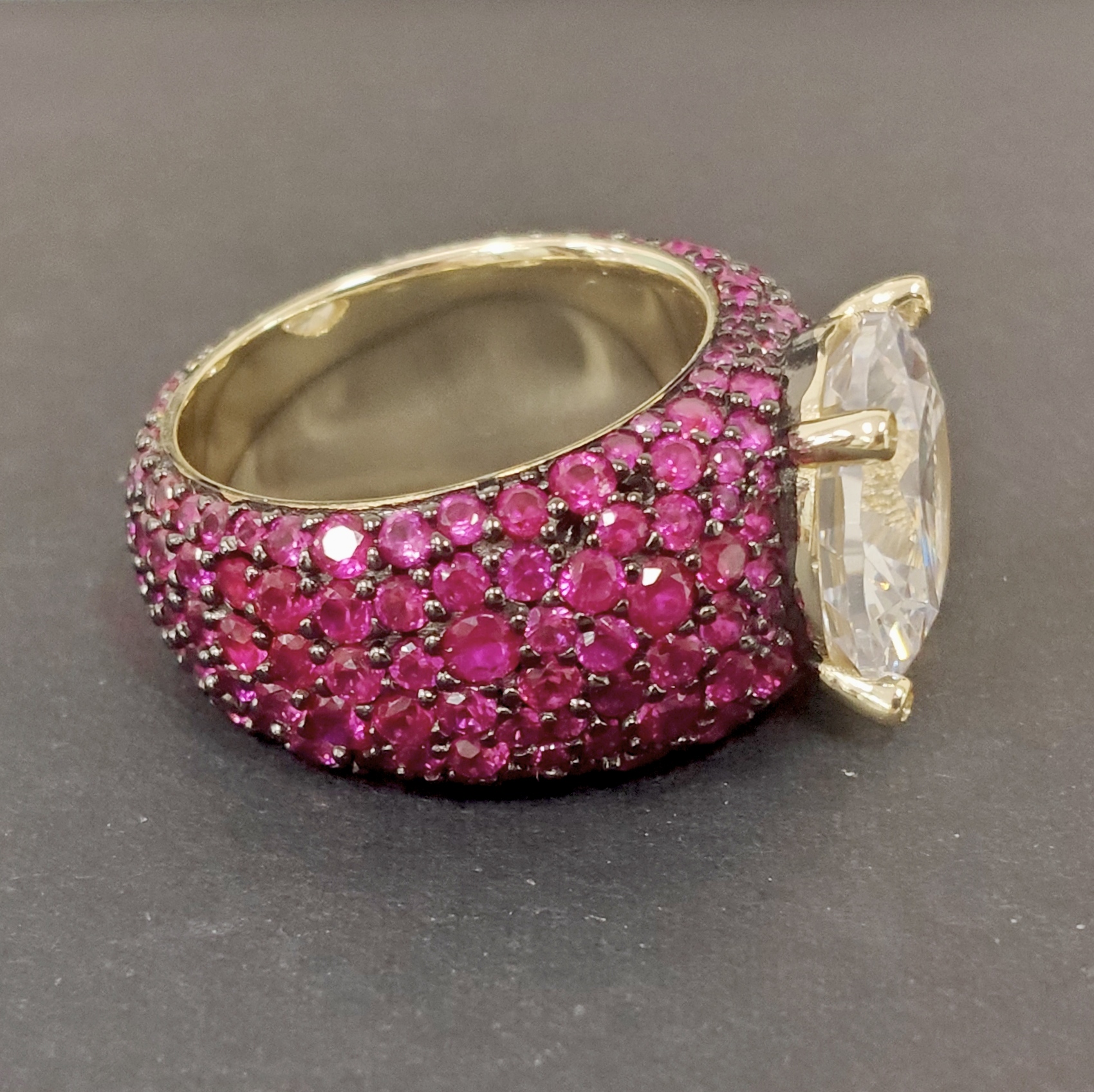 8ct Round Cut White Stone Cocktail Ring with Invisible Set Rubies