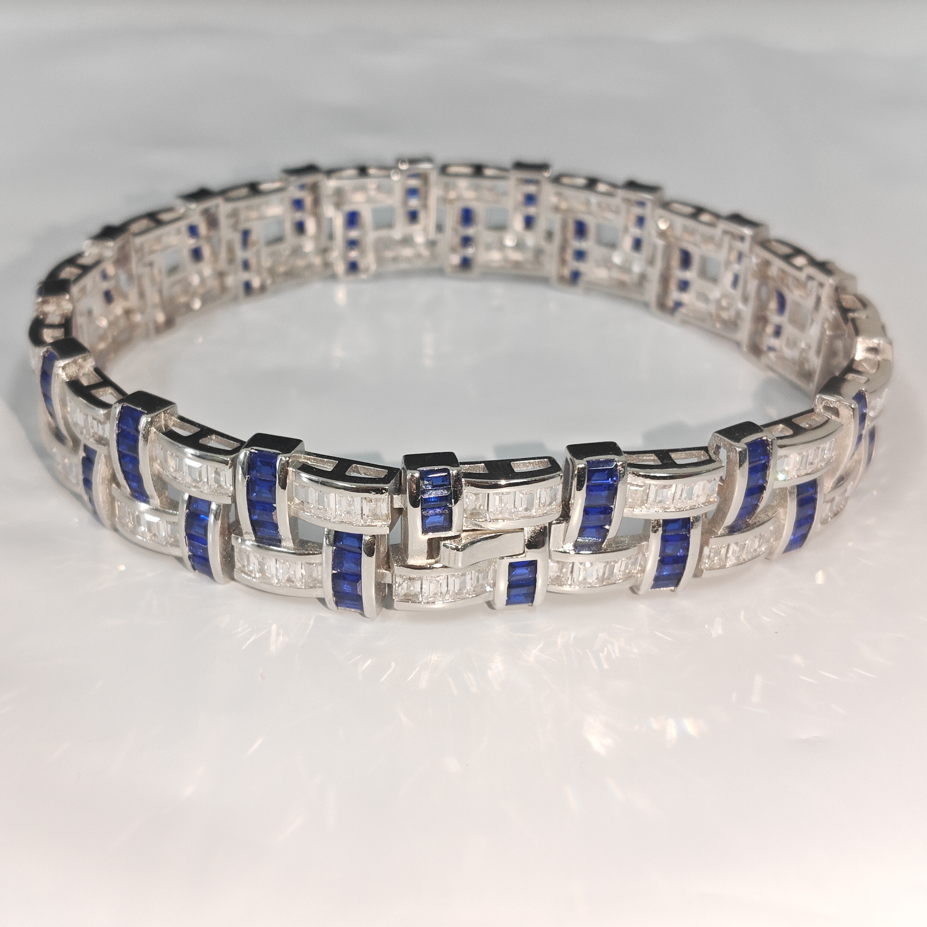 Sapphire Blue & White Stone Basket Weave Bracelet