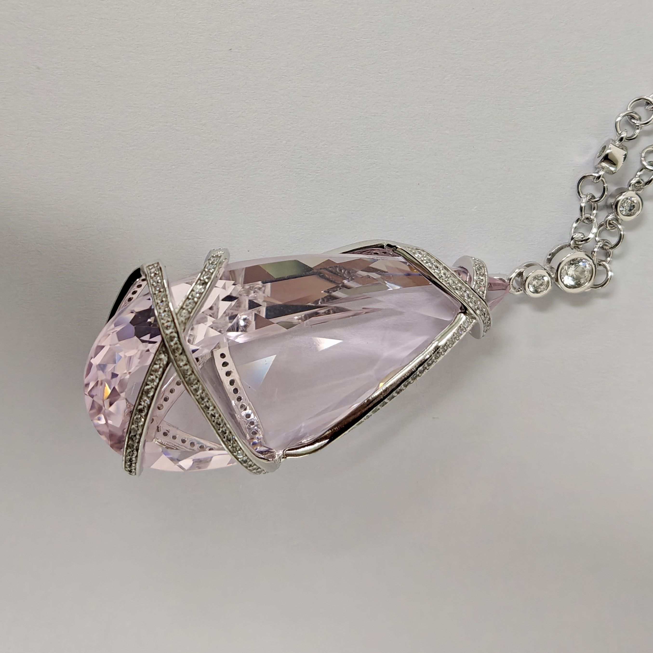 90ct Pear Cut Pink Sapphire With Pave Set Ribbon Handmade Statement Necklace