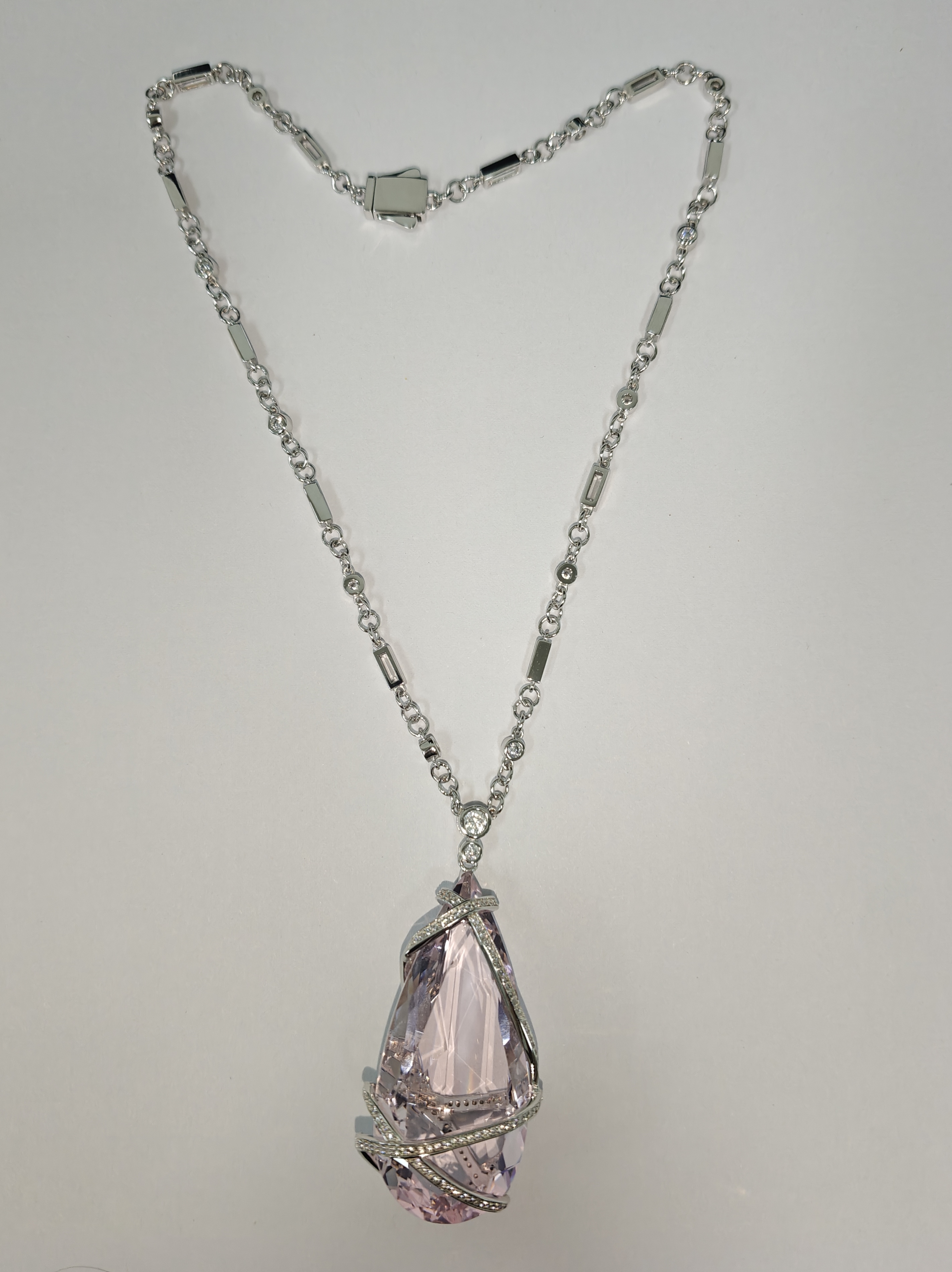 90ct Pear Cut Pink Sapphire With Pave Set Ribbon Handmade Statement Necklace