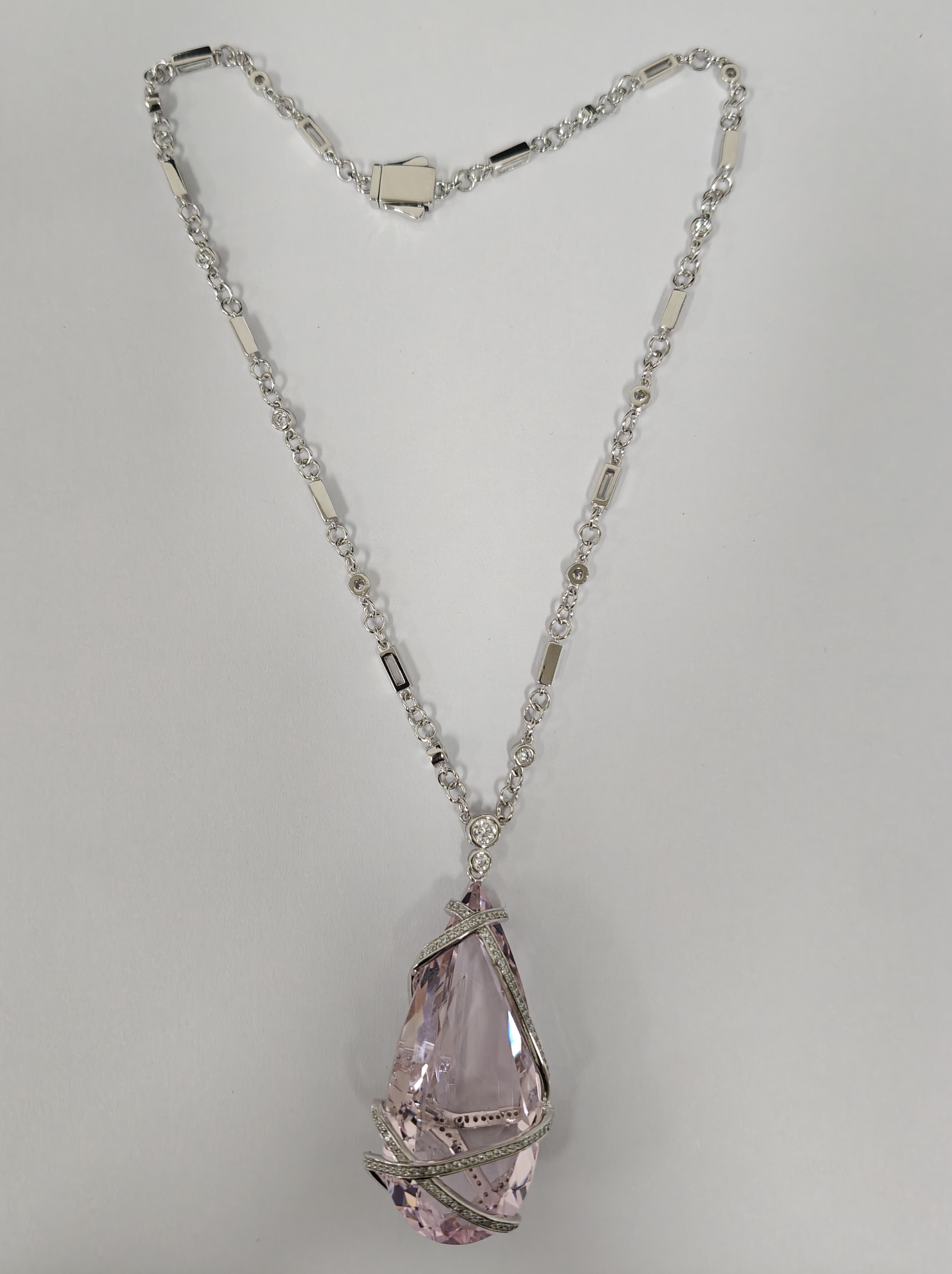 90ct Pear Cut Pink Sapphire With Pave Set Ribbon Handmade Statement Necklace
